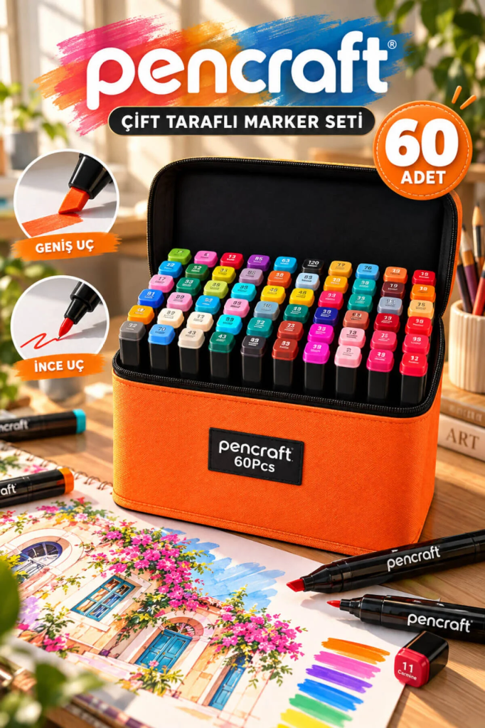 [PEN-015] Marker Sets with Bag (Siyah, 60 Colors, Turuncu)