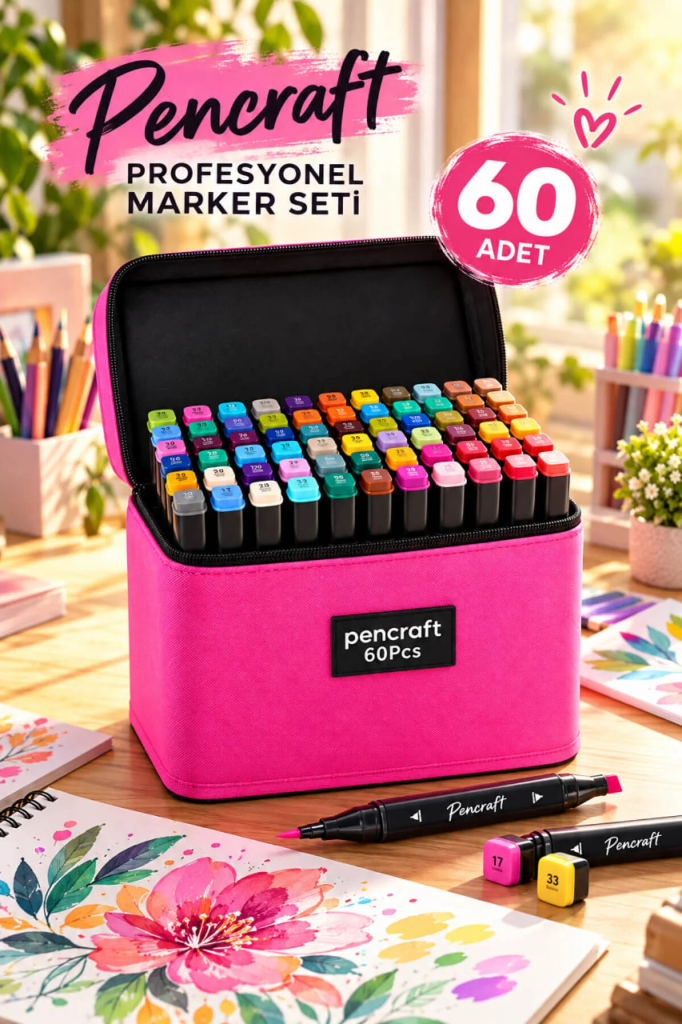 [PEN-014] Çantalı Marker Seti (Siyah, 60 Renk, Pembe)