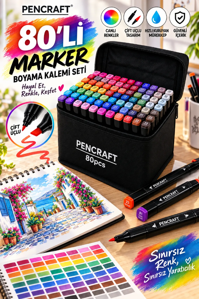 [PEN-007] Çantalı Marker Seti (Siyah, 80 Renk, Siyah)