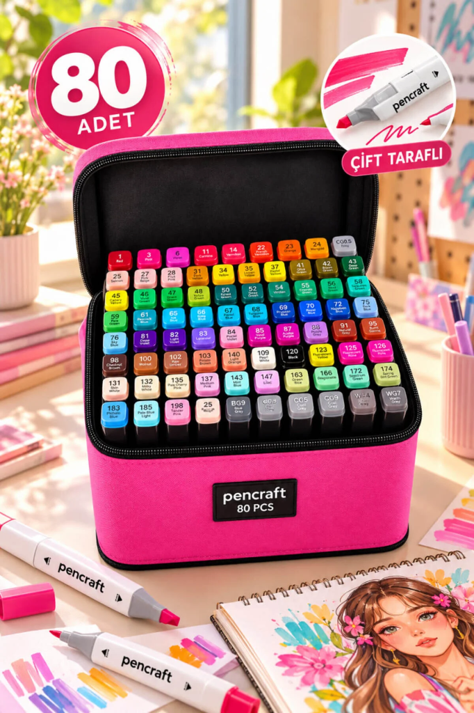 [PEN-011] Marker Sets with Bag (Siyah, 80 Colors, Pembe)