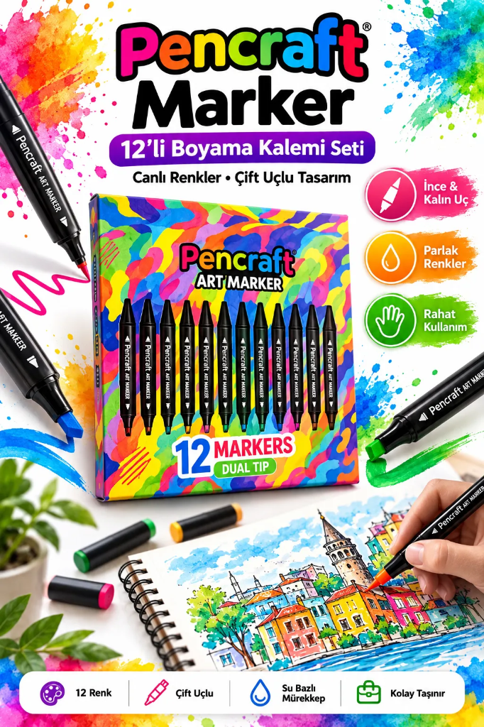 [PEN-002] Karton Kutulu Marker Seti (12 Renk, Siyah)