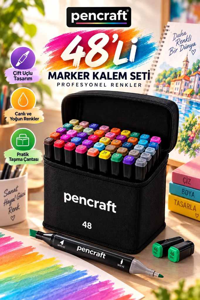 [PEN-005] Çantalı Marker Seti (Siyah, 48 Renk, Siyah)