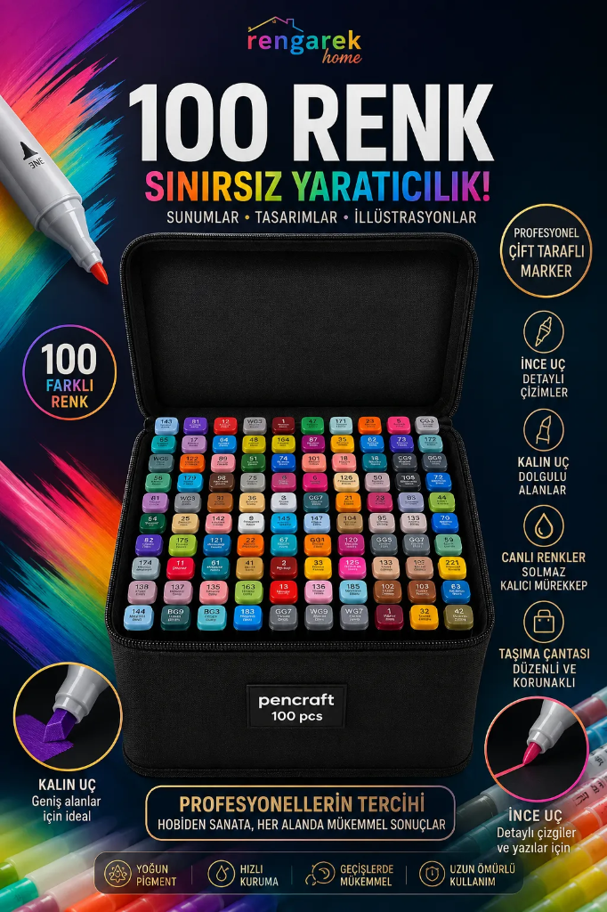 [PEN-009] Çantalı Marker Seti (Siyah, 100 Renk, Siyah)