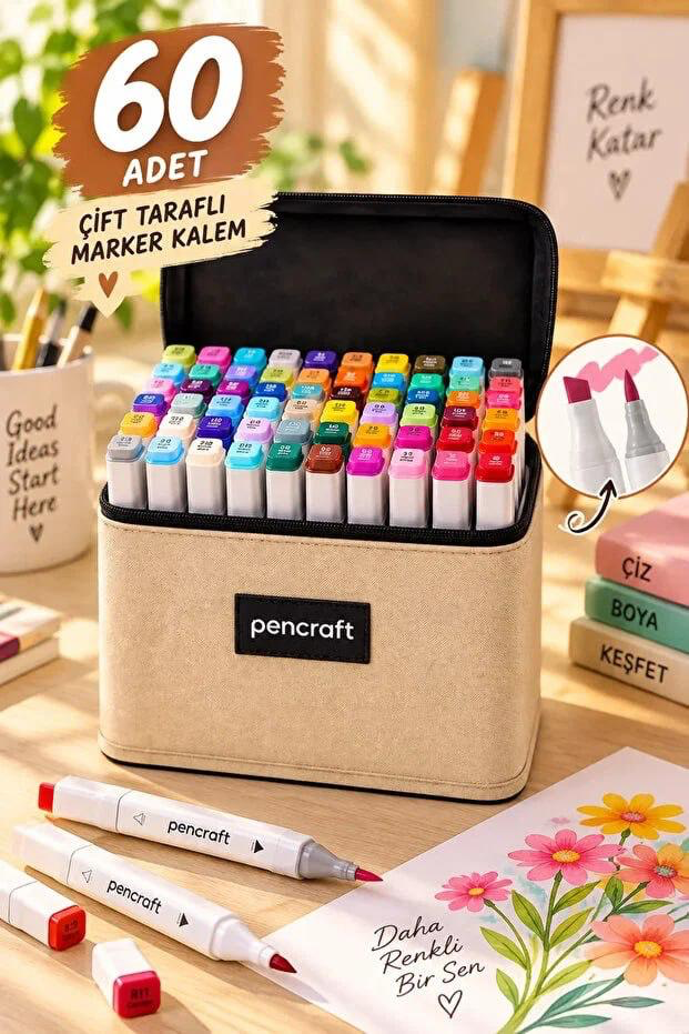 [PEN-019] Marker Sets with Bag (Beyaz, 60 Colors, Bej)